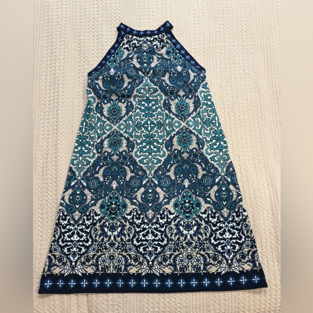 Max Studio Teal & Navy Medallion Patterned Midi Dress - racerback, size S